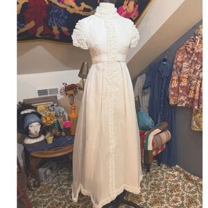 VTG 1960s Bianchi Marshall Fields Lace Ruffle Empire Waist Cap Slv Wedding Dress